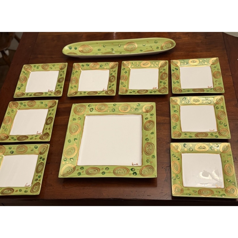 Vintage Mayfair & Jackson 9-Piece Square‎ Plate Set Green Metallic Gold Swirls